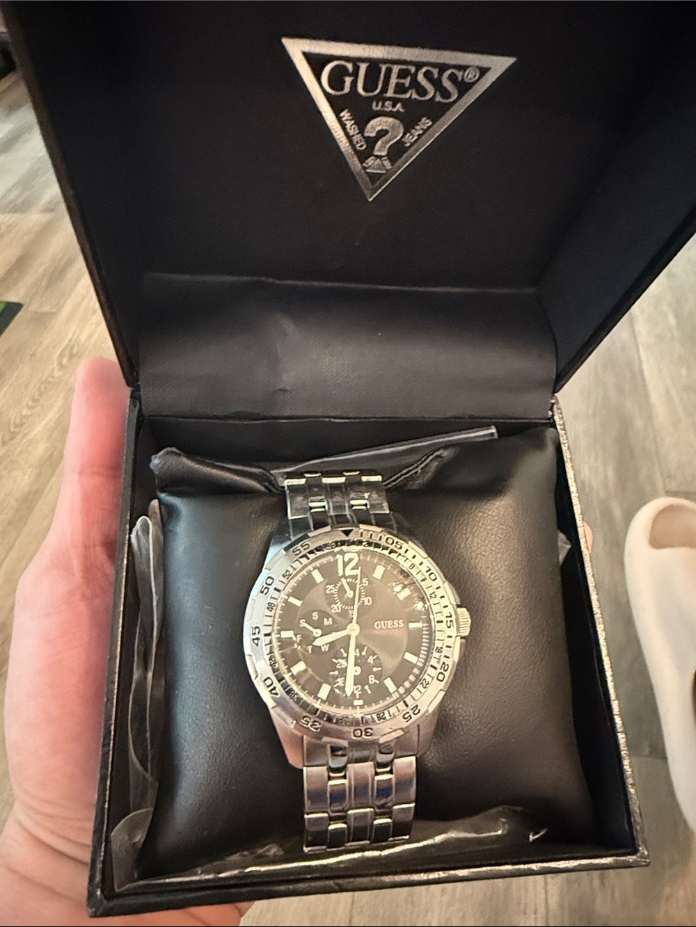 Guess Silver Stainless Steel Watch with Black Dial